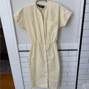 Vintage Soft Yellow Striped Midi Button-Front Dress